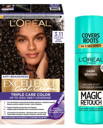 Amp Oral Paris Excellence Creme Hair Color Ultra Ash Dark Brown & Magic Retouch Dark Brown Instant Root Concealer Spray Pcs - Colorfulbeauty  - 3600523939718