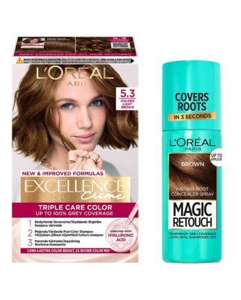 Amp Oral Paris Excellence Creme Hair Color Golden Light Brown & Magic Retouch Brown Instant Root Concealer Spray Pcs - Colorfulbeauty  - 5703147063413