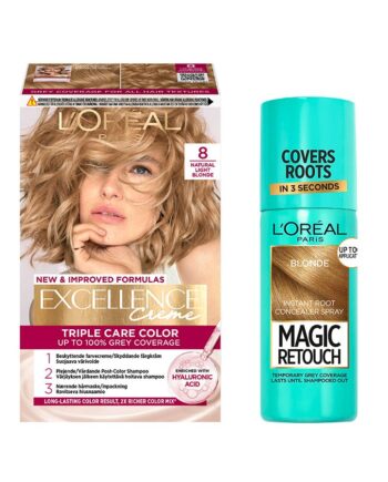 Amp Oral Paris Excellence Creme Hair Color Natural Light Blonde & Magic Retouch Root Concealer Spray Blonde Pcs - Colorfulbeauty  - 5703147063444