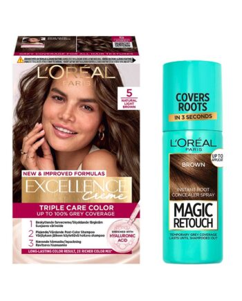 Amp Oral Paris Excellence Creme Hair Color Natural Light Brown & Magic Retouch Brown Instant Root Concealer Spray Pcs - Colorfulbeauty  - 5703147063451